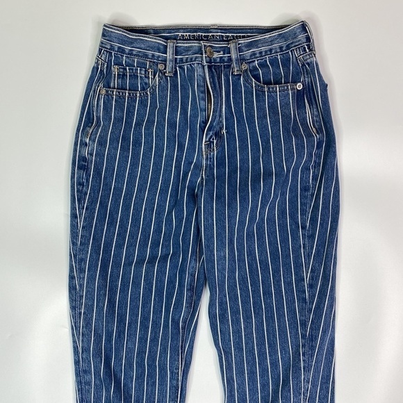 American Eagle Mom Jean Skinny Blue White Pinstripe Size 0 Regular - Picture 2 of 14